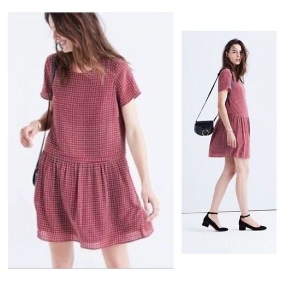 Madewell Light-weight Small Oversized Silk Short Sleeve Ascot Tile Drop Waist Dr - Picture 1 of 12